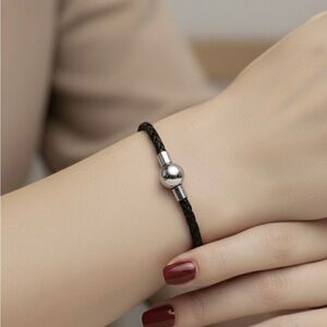 Linx Black Leather Braided Cord Bracelet with Magnetic Clasp